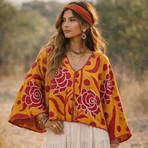Bohemian Yellow and Red Floral Kimono
